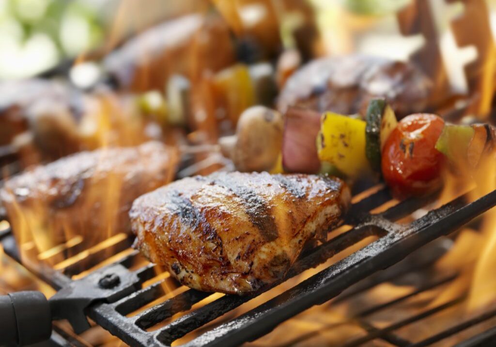 Chicken Thighs and Vegetable Kabobs on a Outdoor BBQ -Photographed on Hasselblad H3D2-39mb Camera