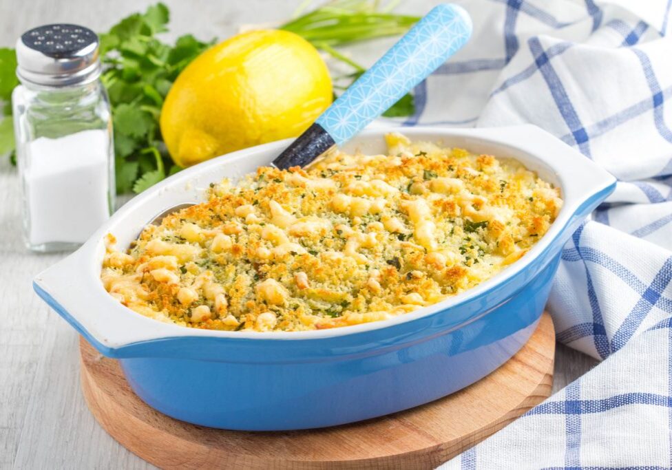 Casserole with crispy crumble, potato gratin, baked meat butter cheese dish, delicious homemade dinner